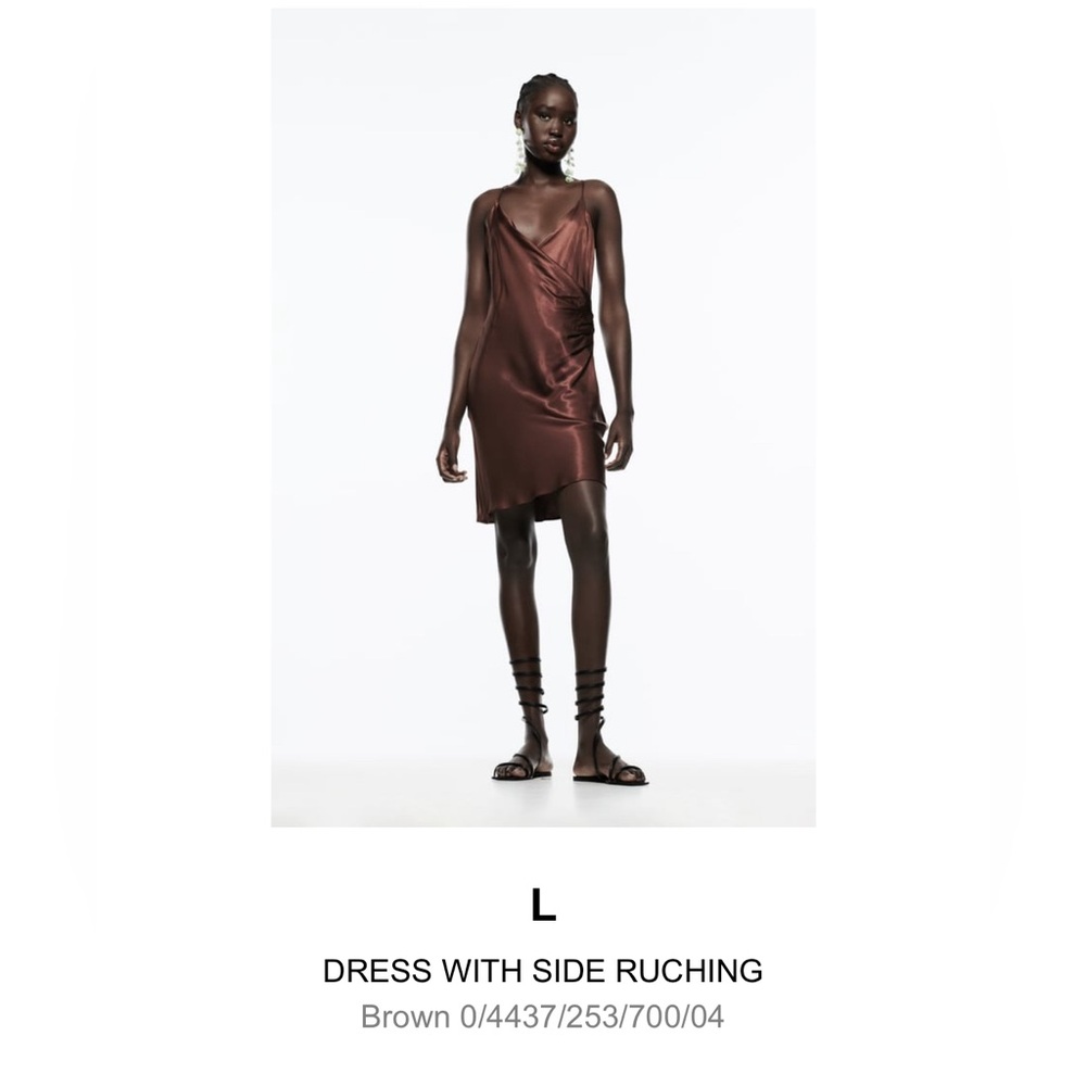 ZARA!!! DRESS WITH SIDE RUCHING; Satin Mini Dress; Size: L; Color: Brown